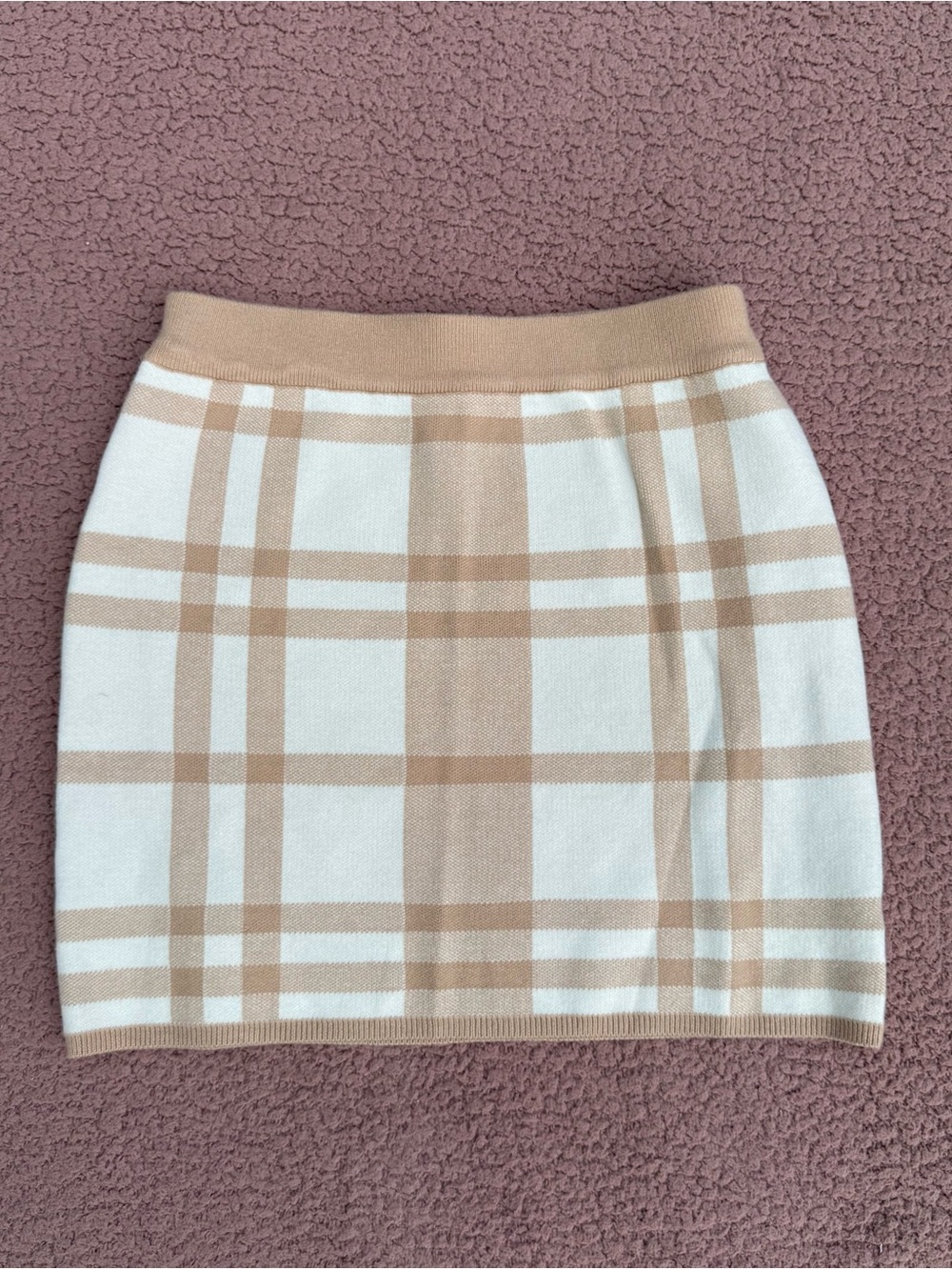 Altar'd State Cream and Tan Plaid Knit Mini Skirt